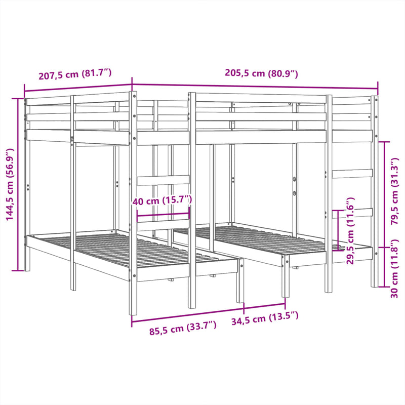 vidaXL barna tömör fenyőfa tripla emeletes ágykeret 200x200/80x200 cm