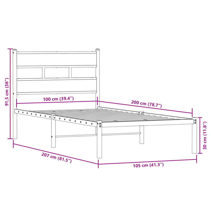 vidaXL sonoma tölgy színű fém ágykeret matrac nélkül 100 x 200 cm