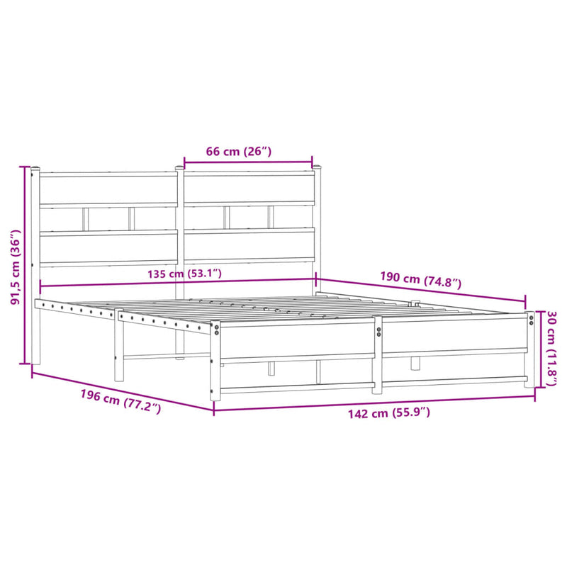 vidaXL füstös tölgy színű fém ágykeret matrac nélkül 135 x 190 cm