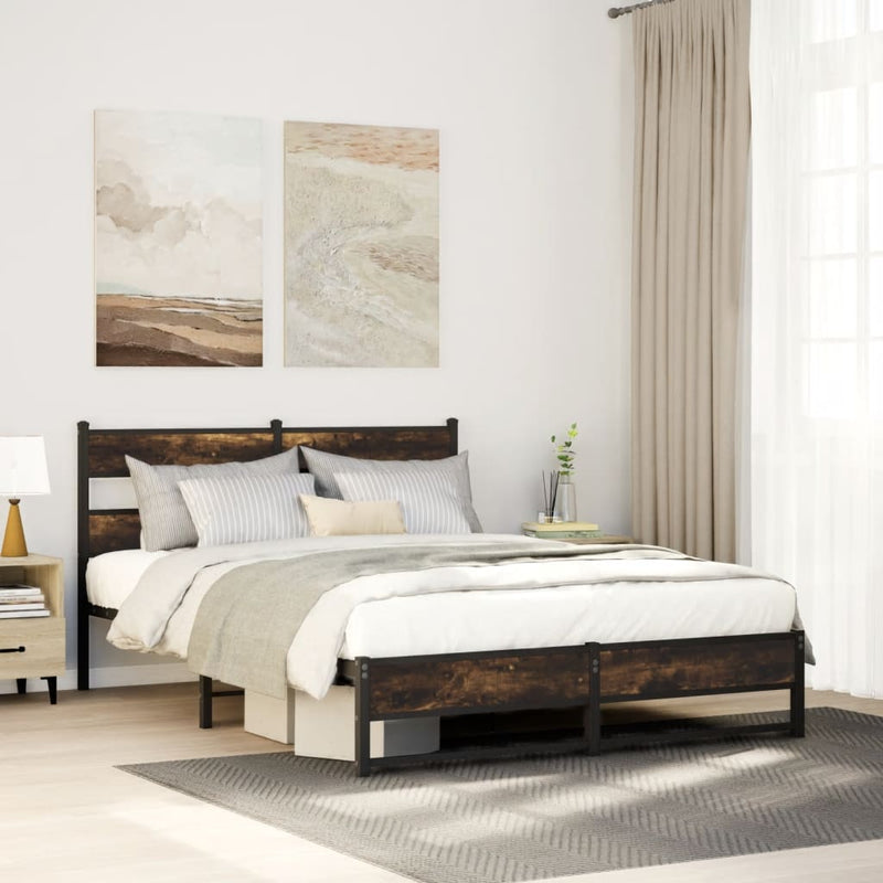 vidaXL füstös tölgy színű fém ágykeret matrac nélkül 135 x 190 cm