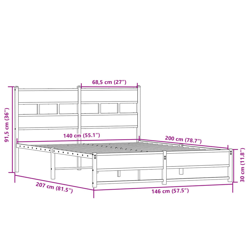 vidaXL sonoma tölgy színű fém ágykeret matrac nélkül 140 x 200 cm