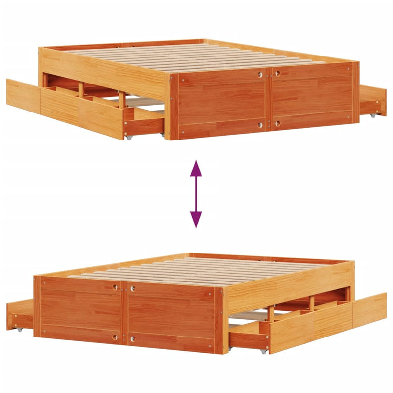 vidaXL barna tömör fenyőfa fiókos ágykeret matrac nélkül 160 x 200 cm