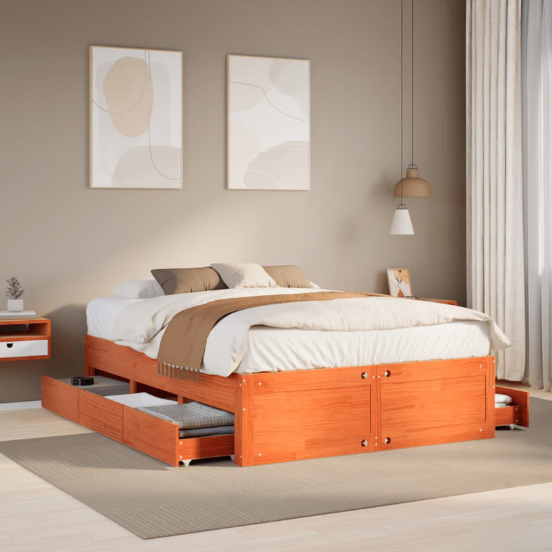 vidaXL barna tömör fenyőfa fiókos ágykeret matrac nélkül 160 x 200 cm