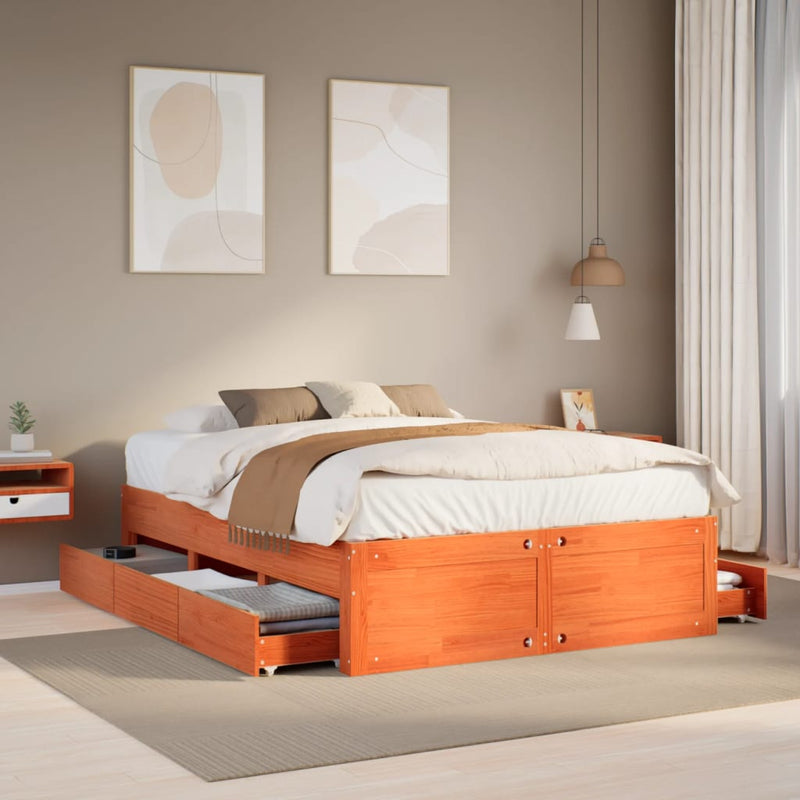 vidaXL barna tömör fenyőfa fiókos ágykeret matrac nélkül 150 x 200 cm