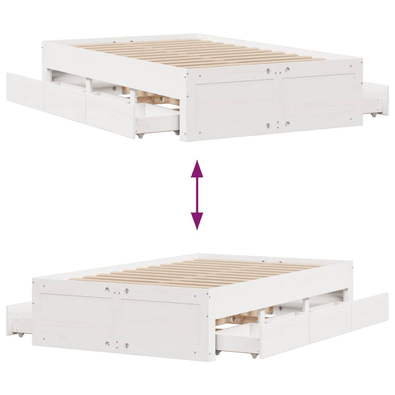 vidaXL fehér tömör fenyőfa fiókos ágykeret matrac nélkül 135 x 190 cm