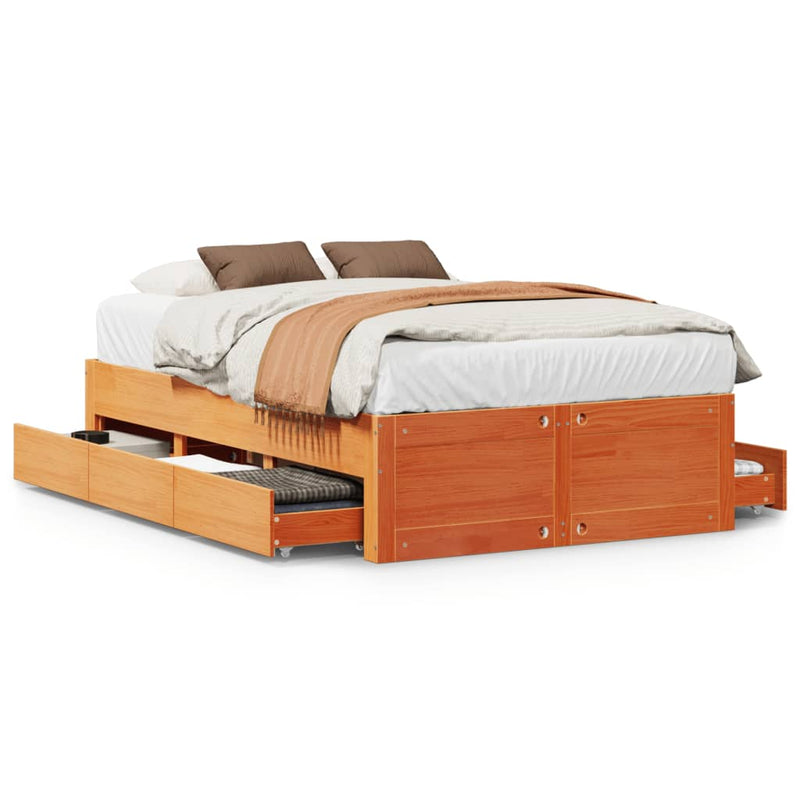 vidaXL barna tömör fenyőfa fiókos ágykeret matrac nélkül 135 x 190 cm