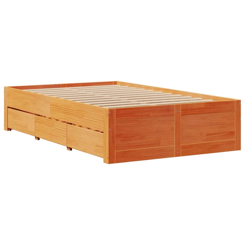 vidaXL barna tömör fenyőfa fiókos ágykeret matrac nélkül 135 x 190 cm