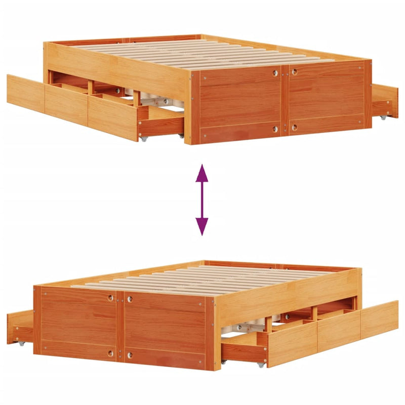 vidaXL barna tömör fenyőfa fiókos ágykeret matrac nélkül 135 x 190 cm
