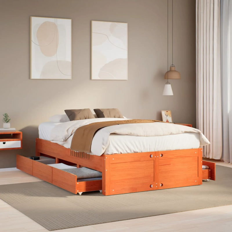 vidaXL barna tömör fenyőfa fiókos ágykeret matrac nélkül 135 x 190 cm