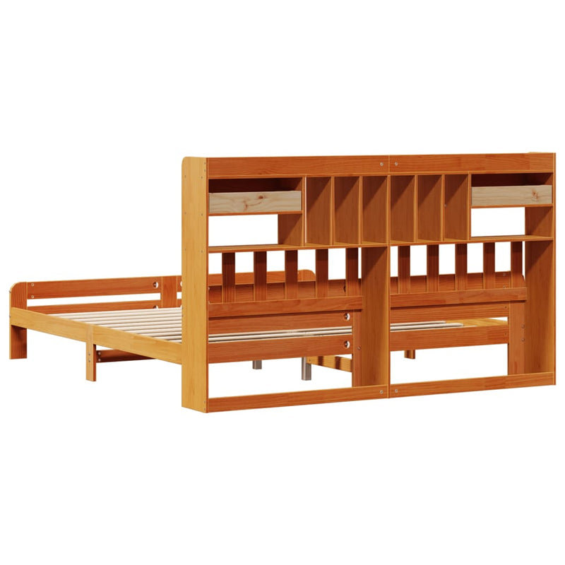 vidaXL barna tömör fenyőfa könyvespolcos ágy matrac nélkül 200 x 200cm