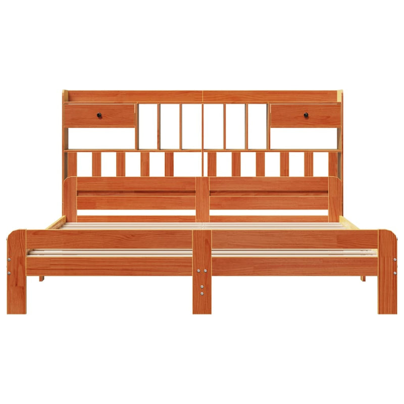 vidaXL barna tömör fenyőfa könyvespolcos ágy matrac nélkül 180 x 200cm