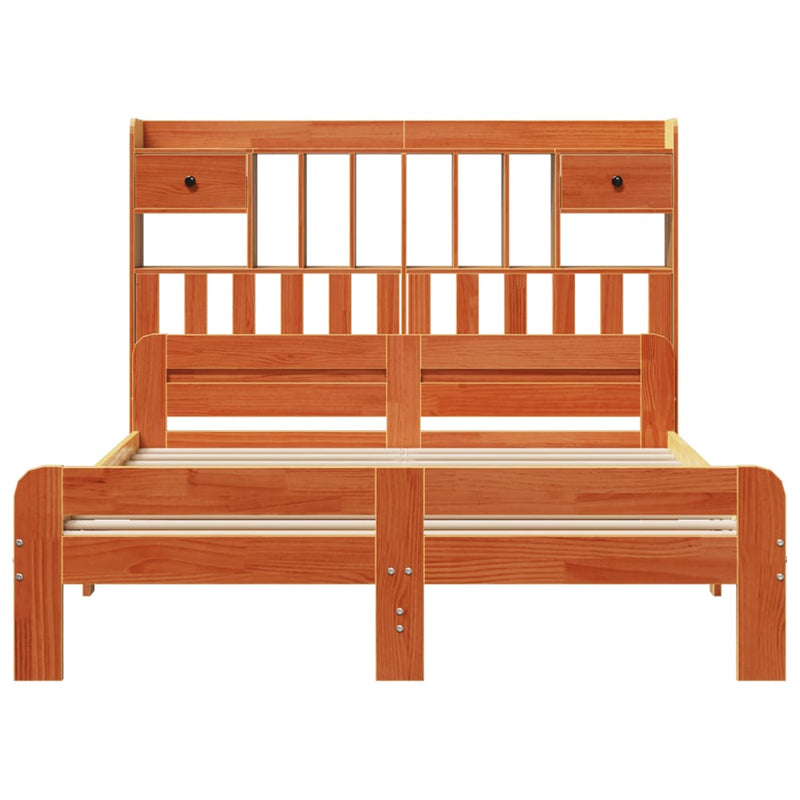 vidaXL barna tömör fenyőfa könyvespolcos ágy matrac nélkül 140 x 200cm