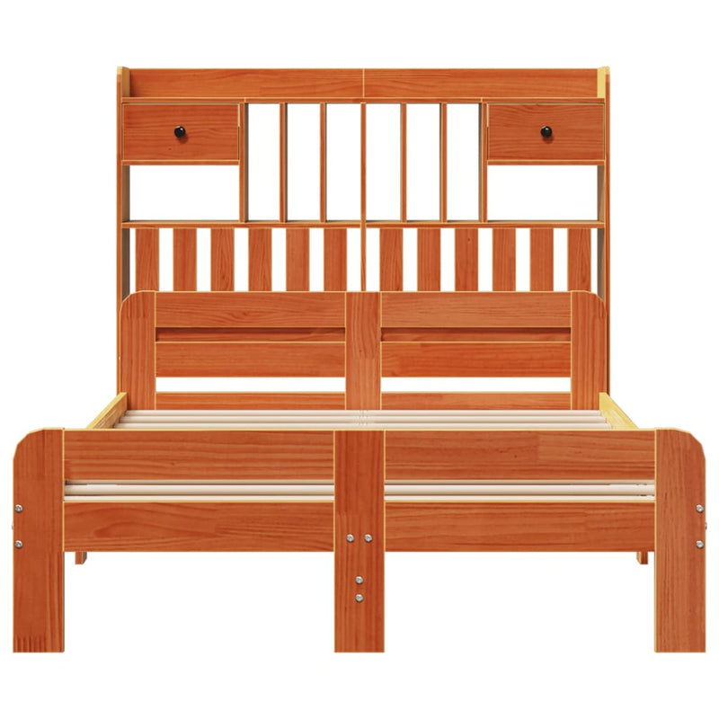 vidaXL barna tömör fenyőfa könyvespolcos ágy matrac nélkül 135 x 190cm