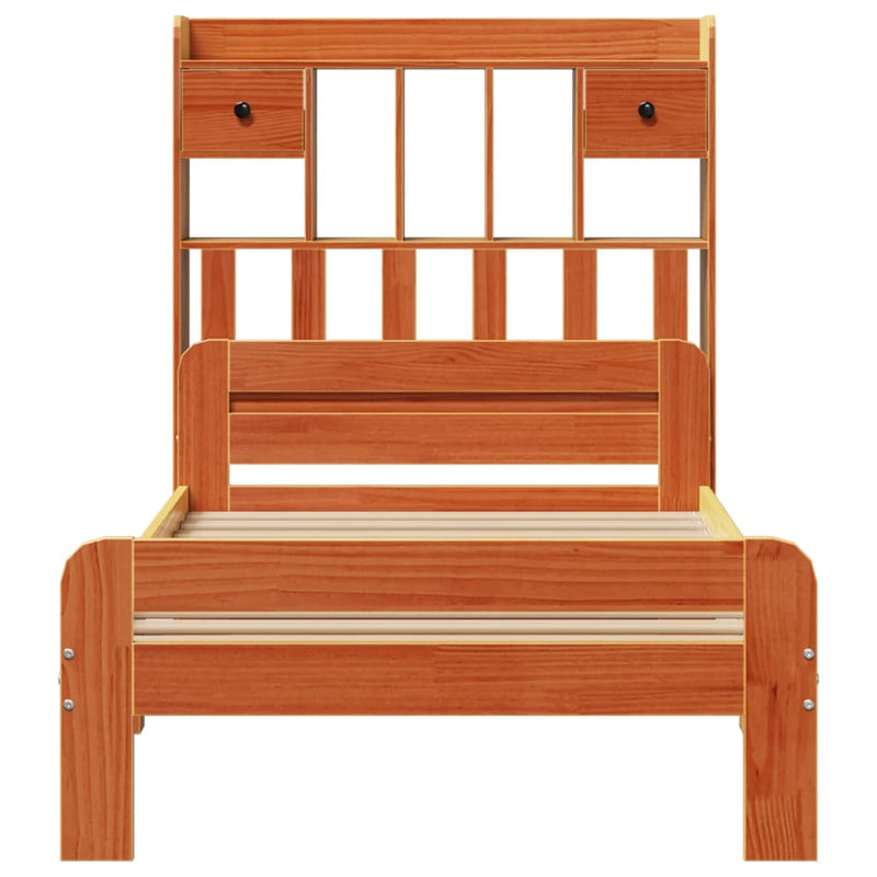 vidaXL barna tömör fenyőfa könyvespolcos ágy matrac nélkül 75 x 190 cm