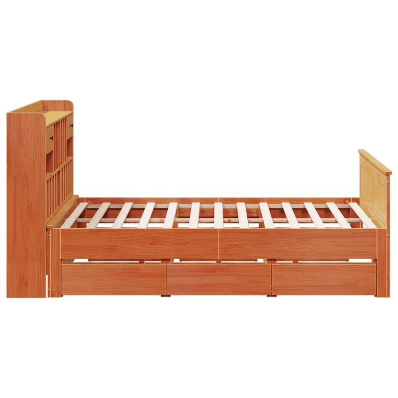 vidaXL barna tömör fenyőfa könyvespolcos ágy matrac nélkül 180 x 200cm