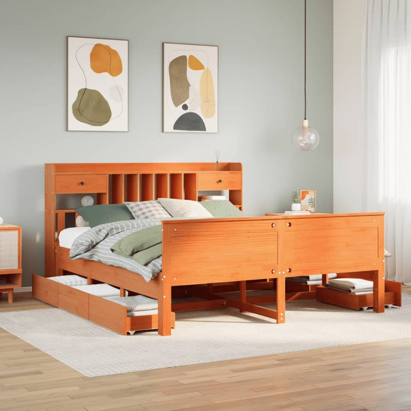 vidaXL barna tömör fenyőfa könyvespolcos ágy matrac nélkül 180 x 200cm