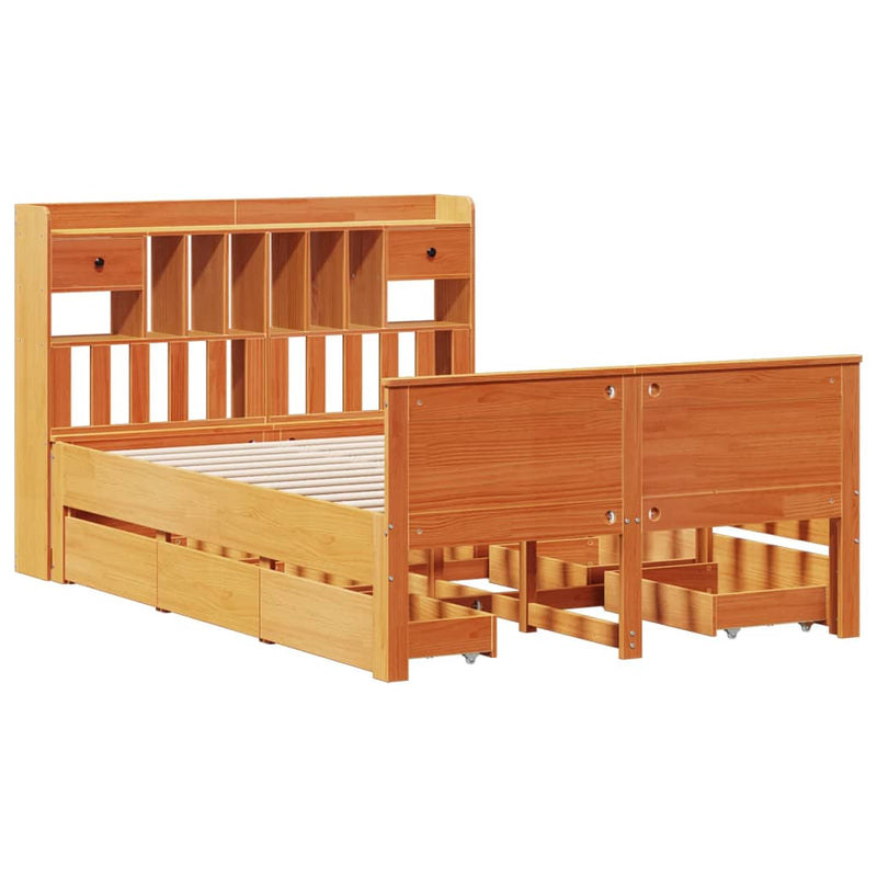 vidaXL barna tömör fenyőfa könyvespolcos ágy matrac nélkül 160 x 200cm