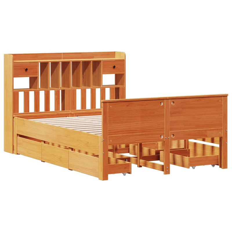 vidaXL barna tömör fenyőfa könyvespolcos ágy matrac nélkül 140 x 200cm