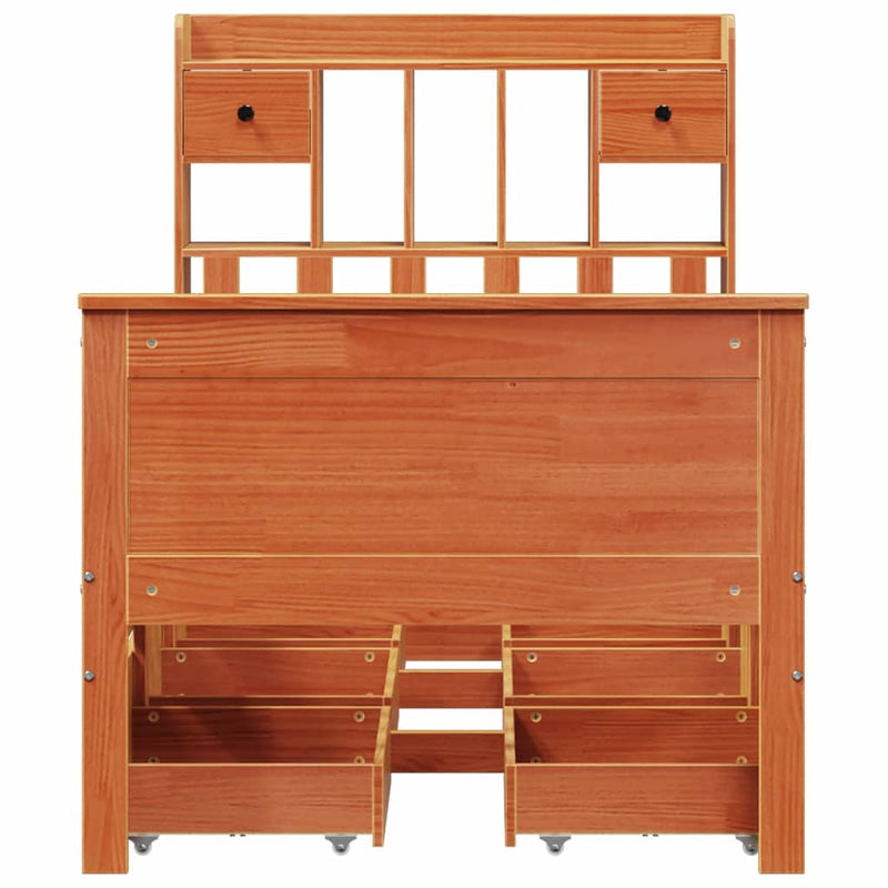 vidaXL barna tömör fenyőfa könyvespolcos ágy matrac nélkül 100 x 200cm