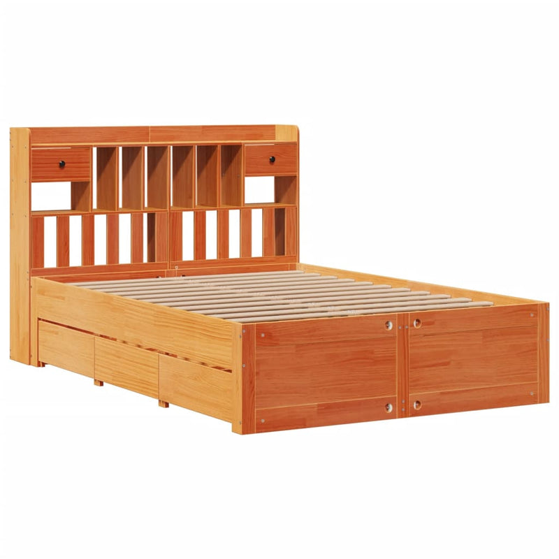 vidaXL barna tömör fenyőfa könyvespolcos ágy matrac nélkül 160 x 200cm