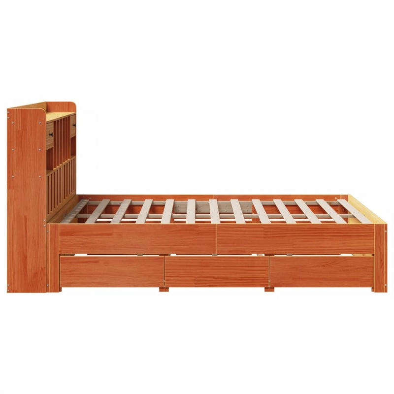 vidaXL barna tömör fenyőfa könyvespolcos ágy matrac nélkül 160 x 200cm