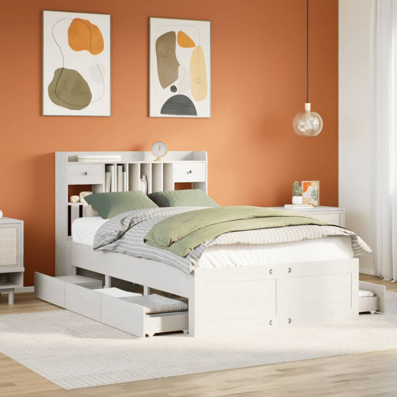 vidaXL fehér tömör fenyőfa könyvespolcos ágy matrac nélkül 135x190 cm