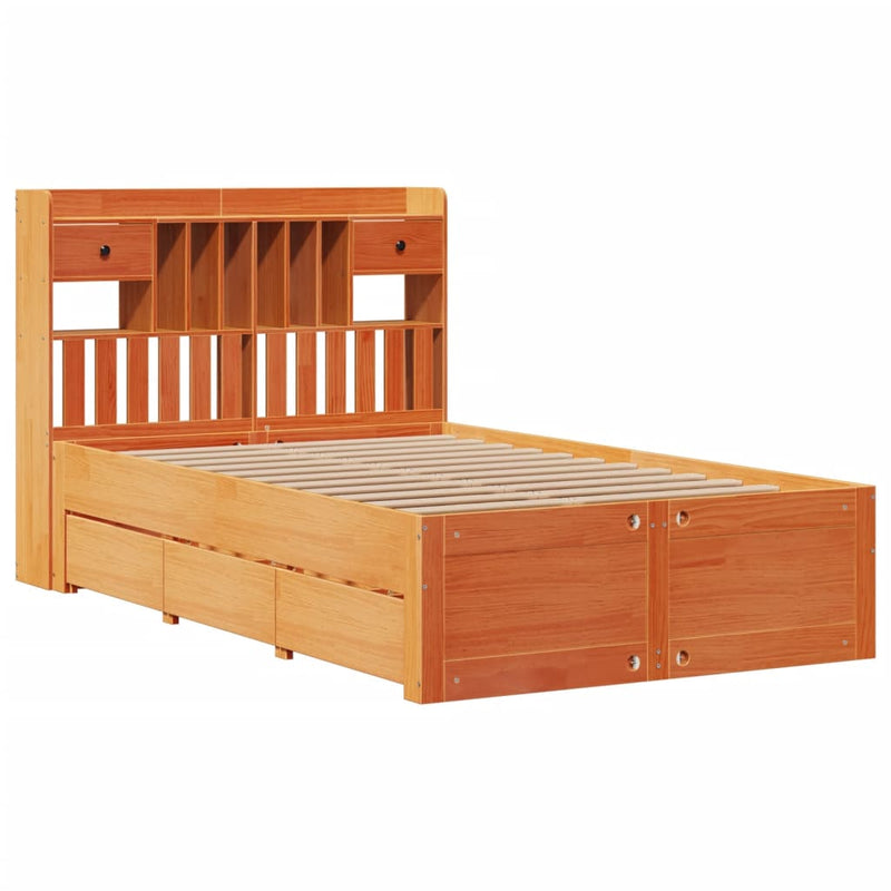 vidaXL barna tömör fenyőfa könyvespolcos ágy matrac nélkül 135 x 190cm