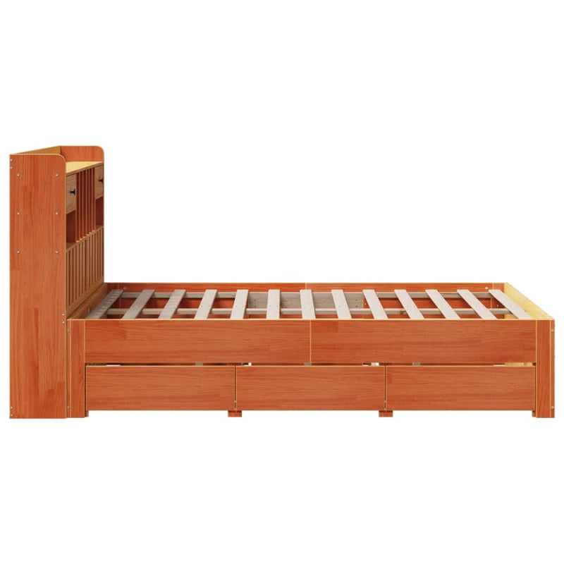 vidaXL barna tömör fenyőfa könyvespolcos ágy matrac nélkül 135 x 190cm