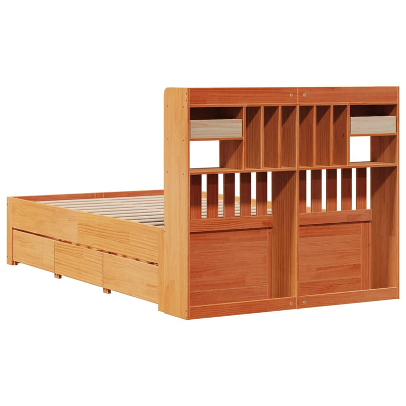 vidaXL barna tömör fenyőfa könyvespolcos ágy matrac nélkül 135 x 190cm