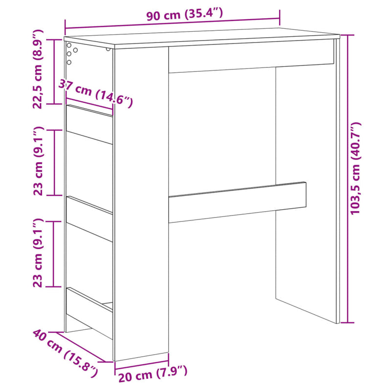 vidaXL füstös tölgy szerelt fa bárasztal tárolókkal 90 x 40 x 103,5 cm