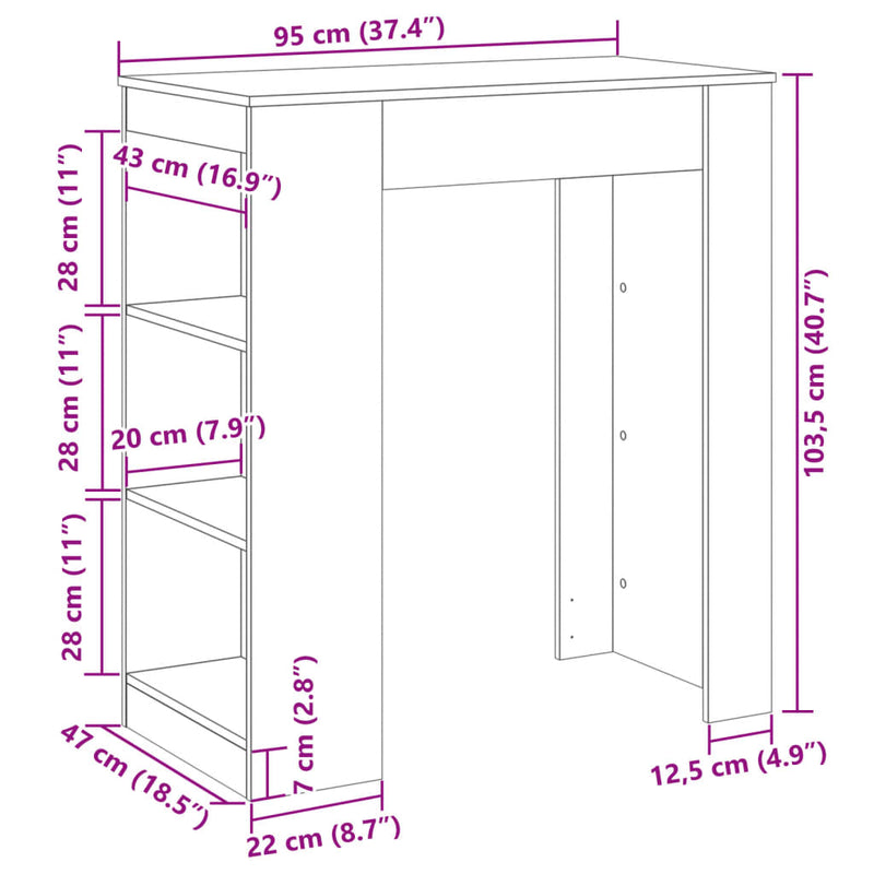 vidaXL betonszürke szerelt fa tárolórekeszes bárasztal 95x47x103,5 cm