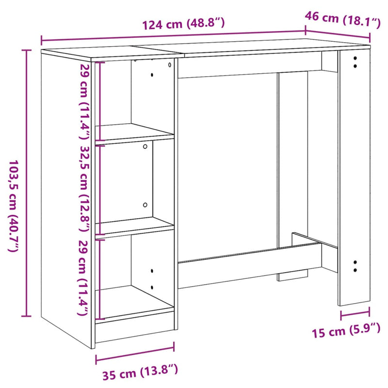 vidaXL kézműves tölgy szerelt fa bárasztal polccal 124 x 46 x 103,5 cm