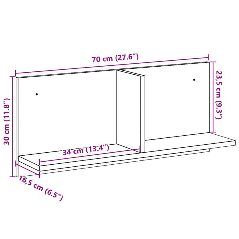 vidaXL fekete szerelt fa faliszekrény 70 x 16,5 x 30 cm