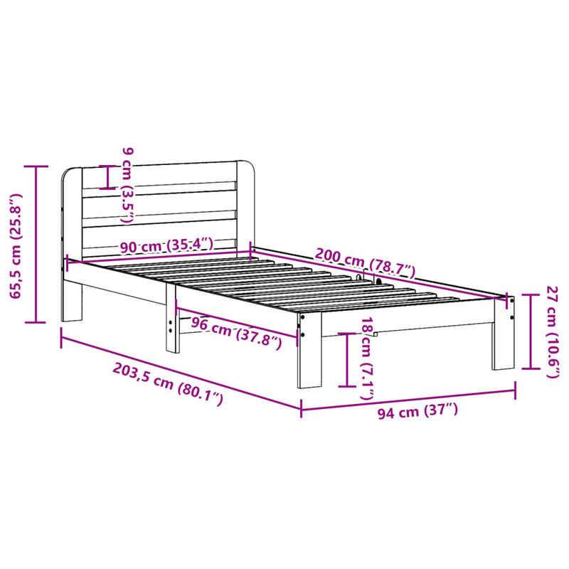 vidaXL tömör fenyőfa ágy matrac nélkül 90 x 200 cm