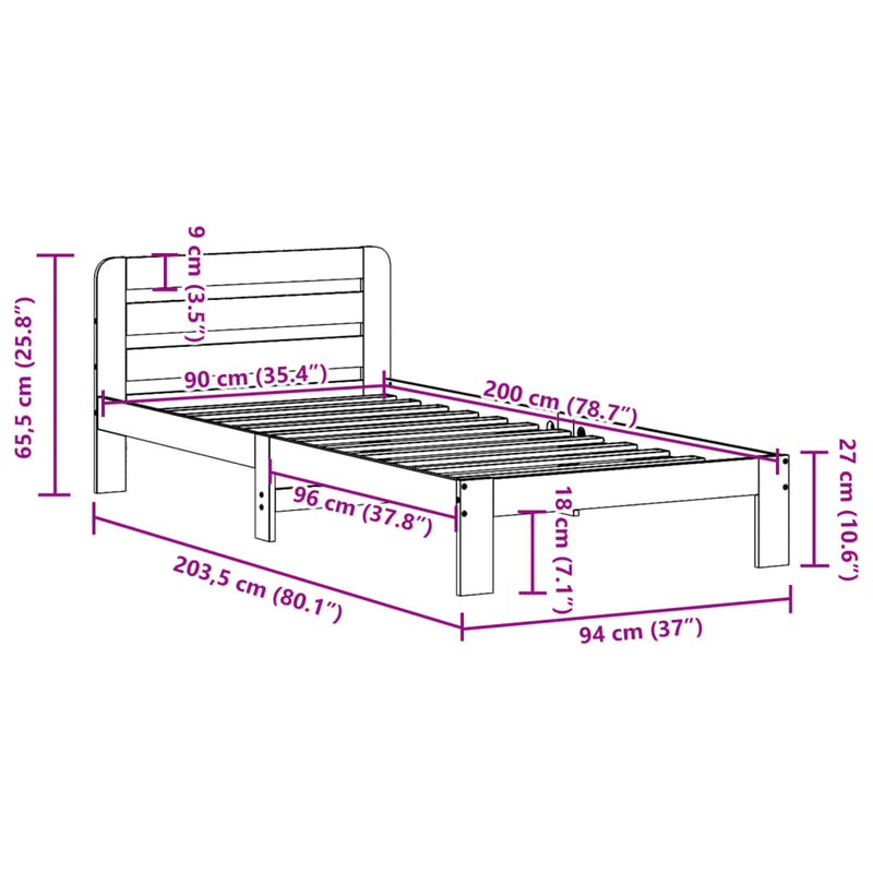 vidaXL fehér tömör fenyőfa ágy matrac nélkül 90 x 200 cm