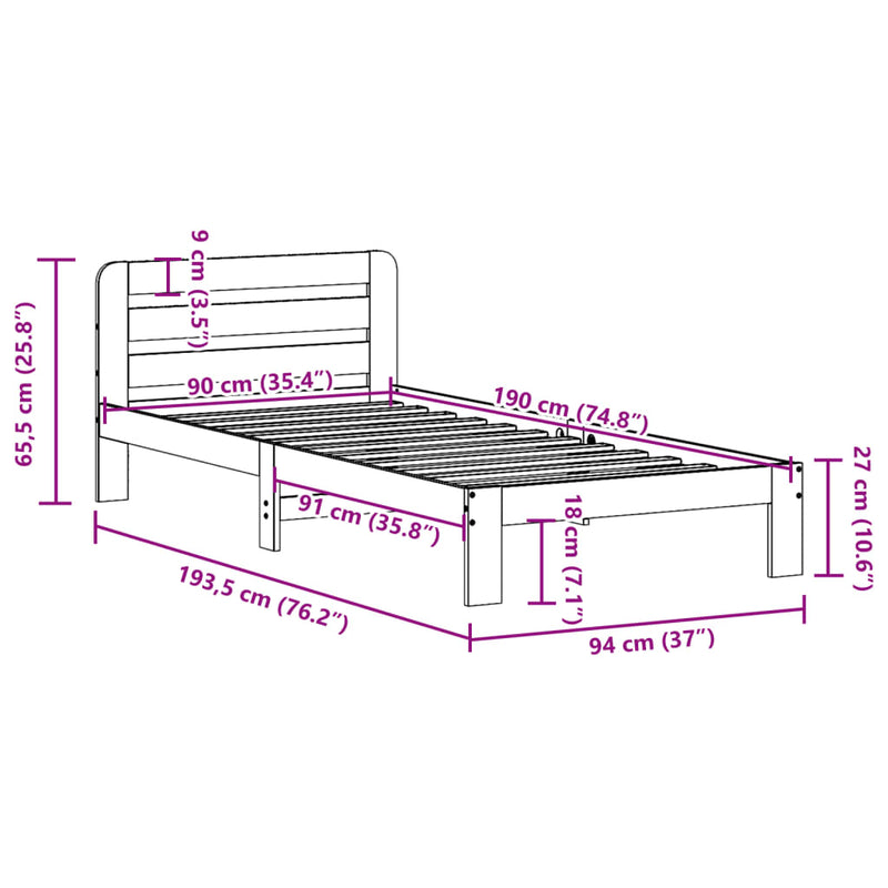 vidaXL tömör fenyőfa ágykeret matrac nélkül 90 x 190 cm