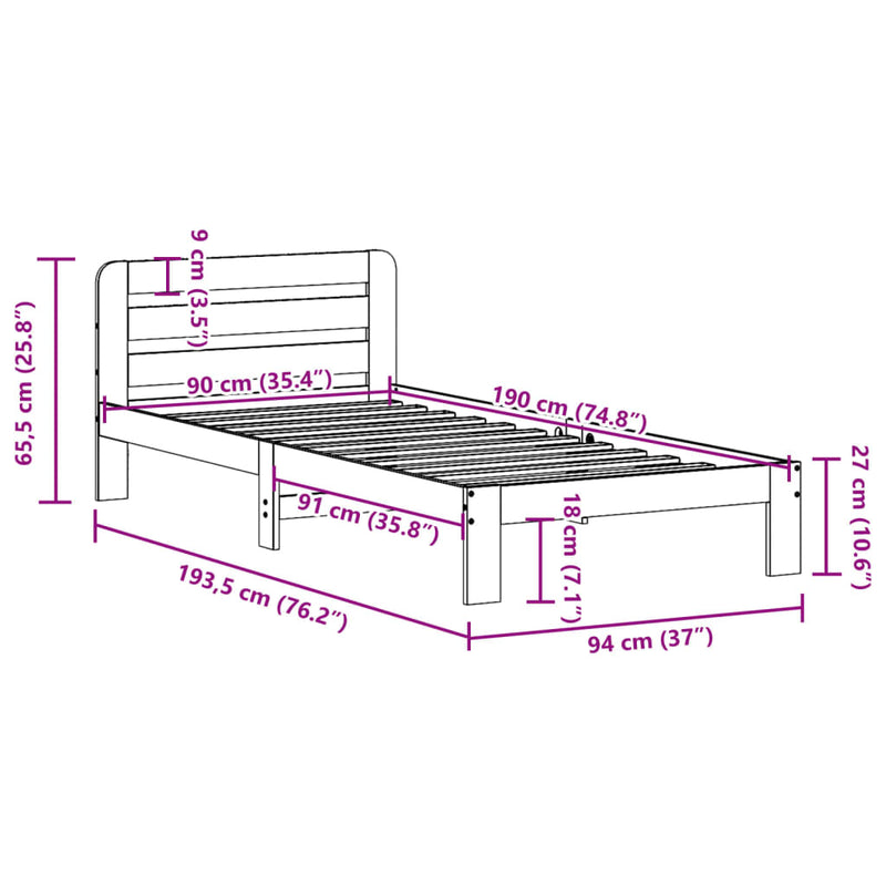 vidaXL viaszbarna tömör fenyőfa ágy matrac nélkül 90 x 190 cm