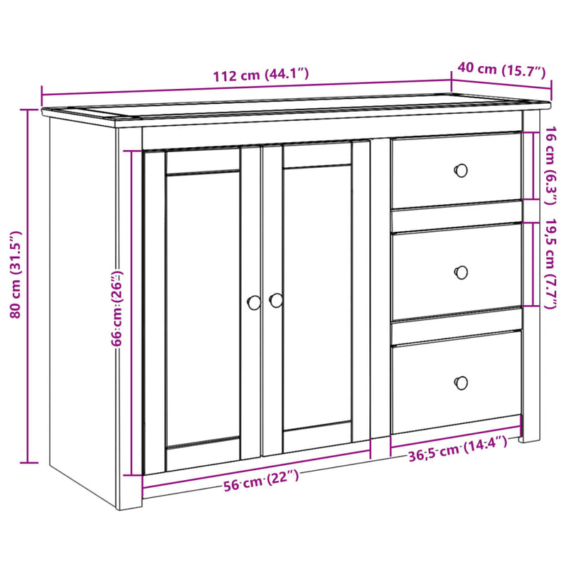 vidaXL Panama tömör fenyőfa tálalószekrény fiókokkal 112 x 40 x 80 cm