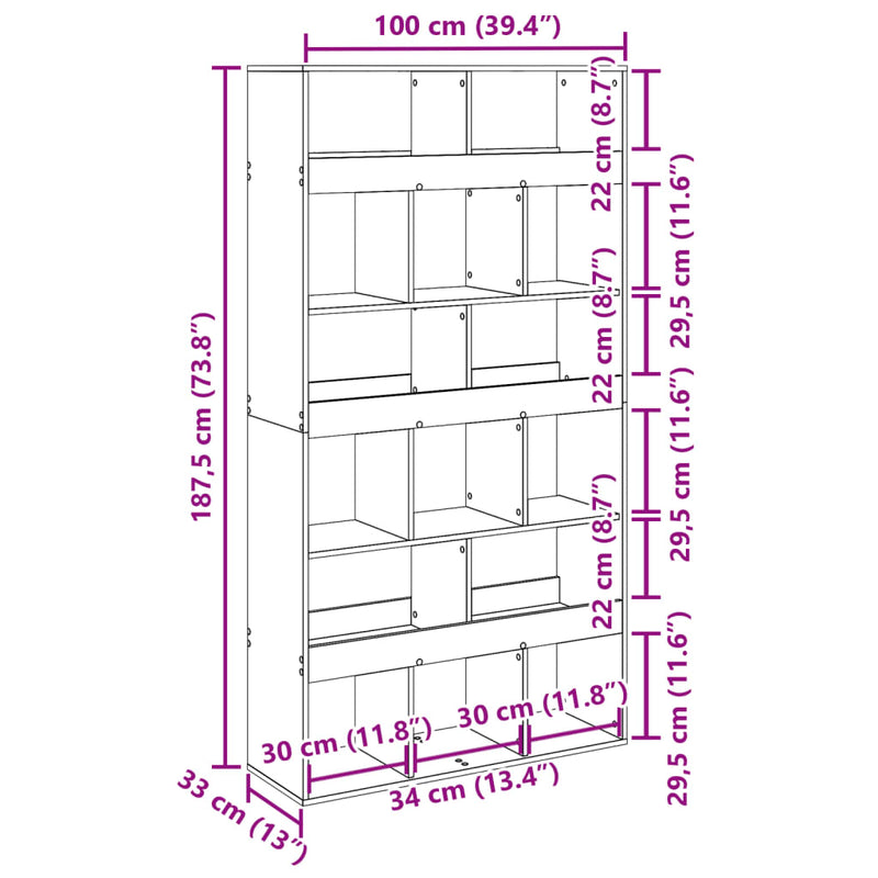 vidaXL antik fa színű szerelt fa könyvespolc 100 x 33 x 187,5 cm
