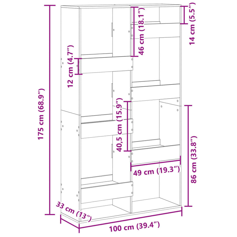 vidaXL füstös tölgy színű szerelt fa könyvespolc 100 x 33 x 175 cm