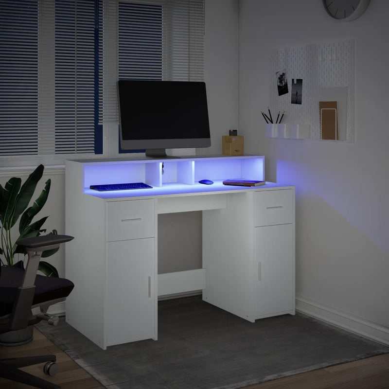 vidaXL fehér szerelt fa íróasztal LED-világítással 120 x 55 x 91 cm