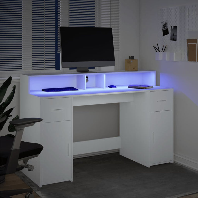 vidaXL fehér szerelt fa íróasztal LED-világítással 140 x 55 x 91 cm