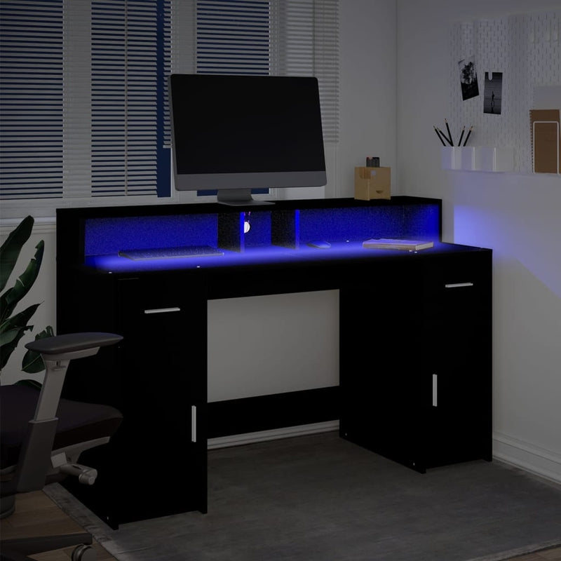 vidaXL fekete szerelt fa íróasztal LED-világítással 140 x 55 x 91 cm