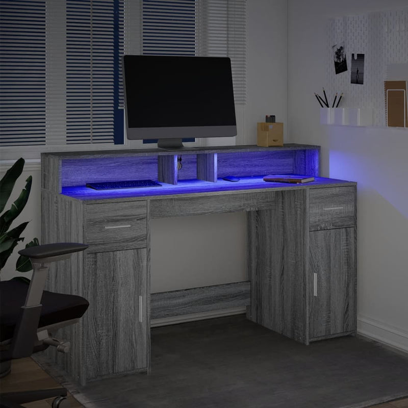 vidaXL szürke sonoma színű szerelt fa íróasztal LED-ekkel 140x55x91 cm