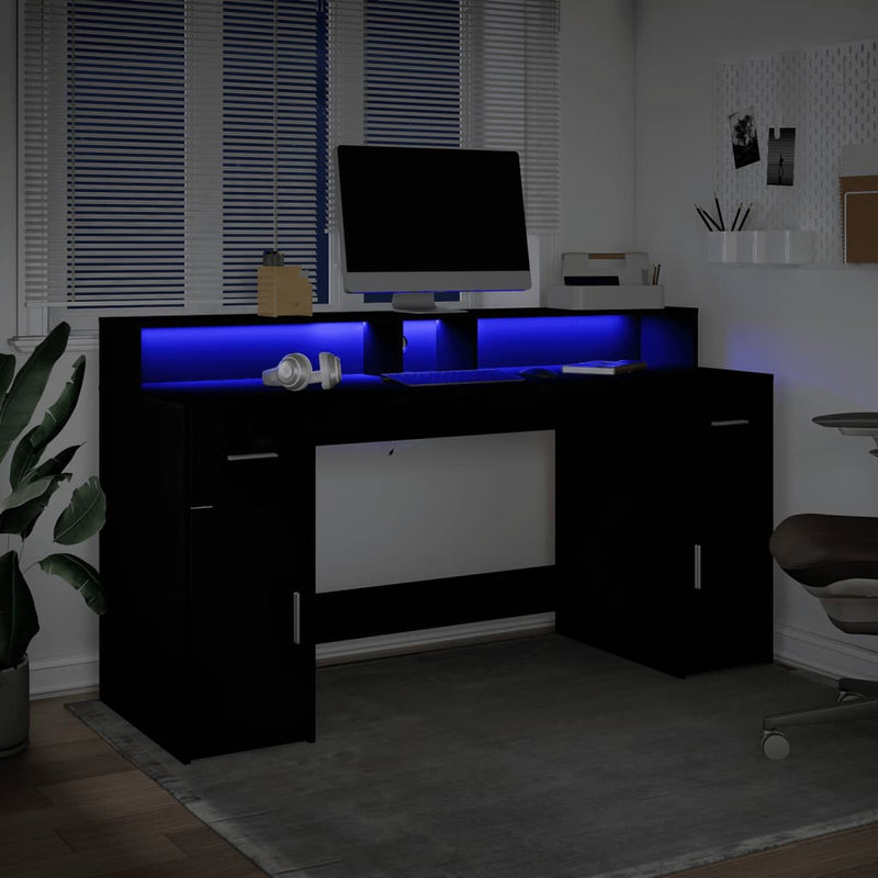 vidaXL fekete szerelt fa íróasztal LED-világítással 160 x 55 x 91 cm