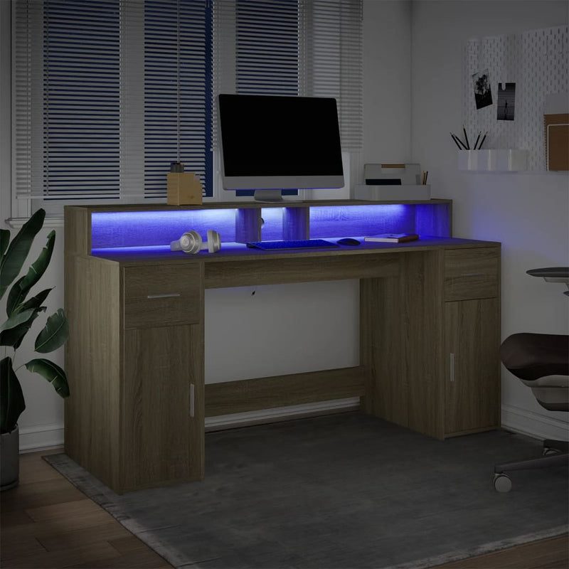 vidaXL sonoma tölgy színű szerelt fa íróasztal LED-ekkel 160x55x91 cm