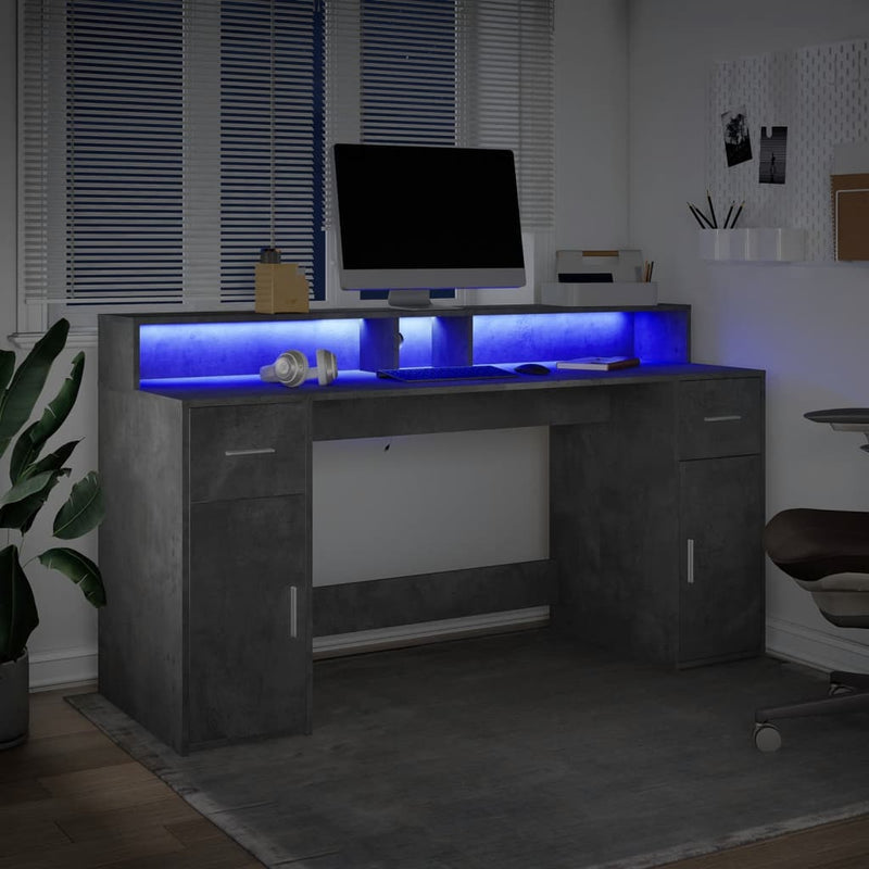 vidaXL betonszürke szerelt fa íróasztal LED-világítással 160x55x91 cm