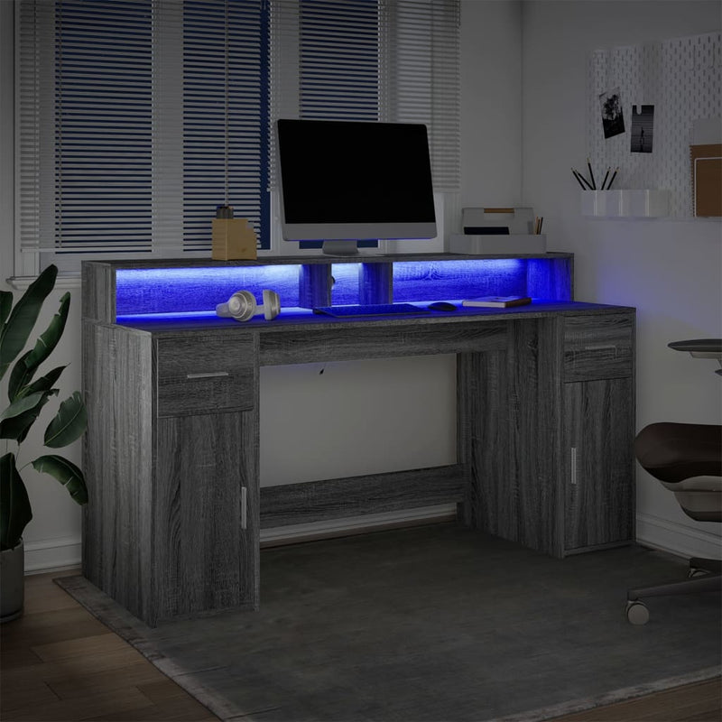 vidaXL szürke sonoma színű szerelt fa íróasztal LED-ekkel 160x55x91 cm