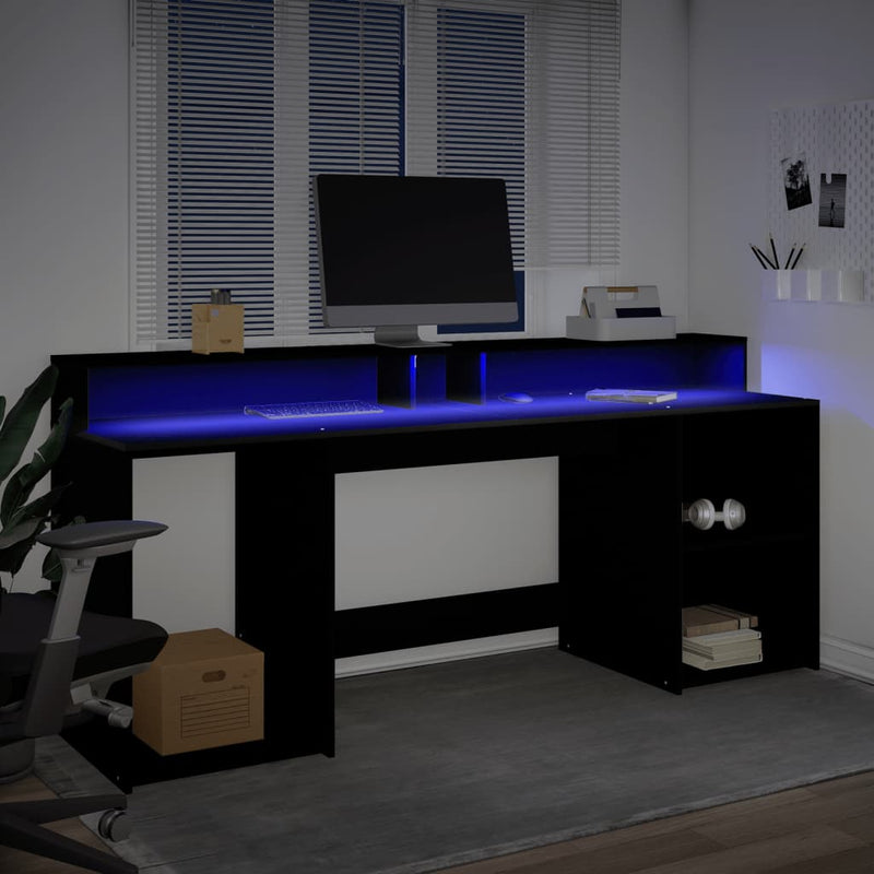 vidaXL fekete szerelt fa íróasztal LED-világítással 200 x 55 x 91 cm