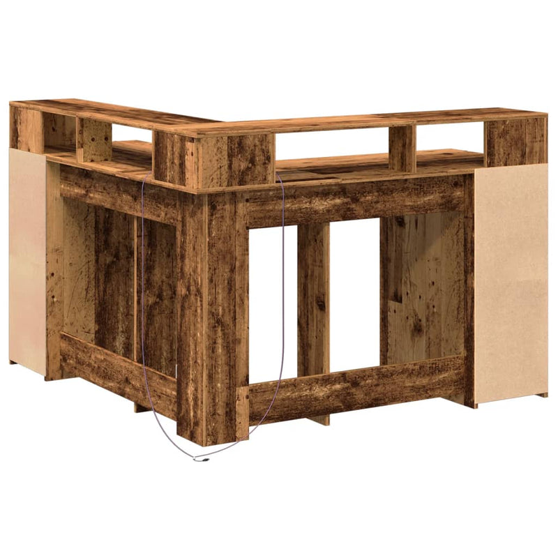 vidaXL antik fa színű szerelt fa íróasztal LED-ekkel 130 x 130 x 91 cm